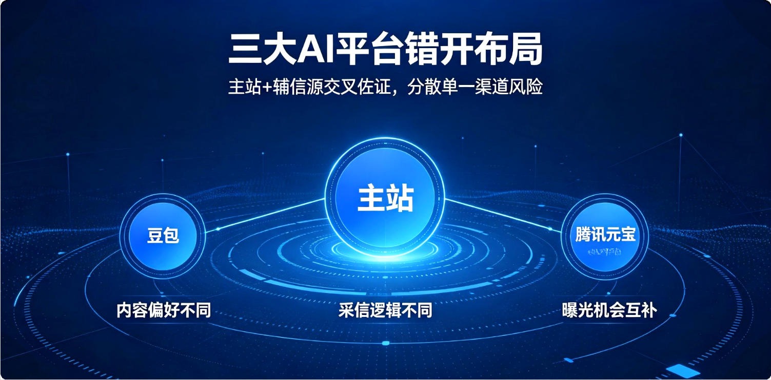 以官网为主站、豆包与通义千问、腾讯元宝辅助佐证的三平台布局