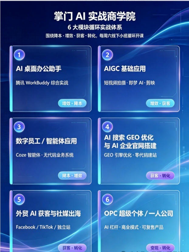 掌门 AI 实战商学院六大模块循环实战体系