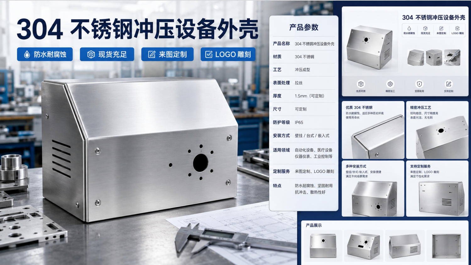 304 不锈钢冲压设备外壳的产品实拍与样张页面
