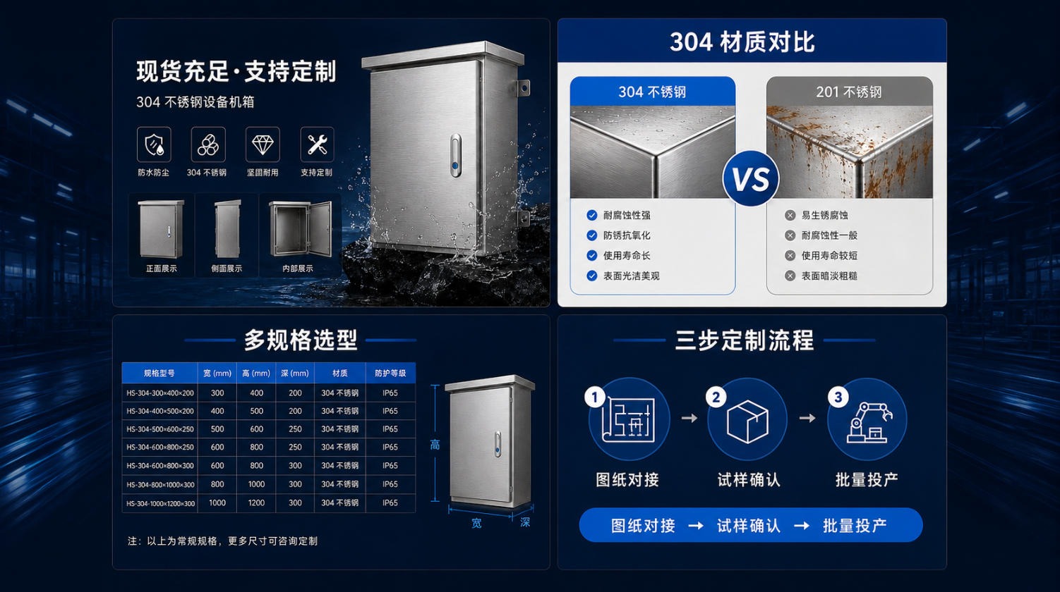 8 屏详情的具体版式:现货与定制、材质对比、多规格选型、三步定制流程